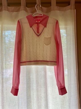Cream Cable Crop Knit Vest with Pink Sheer Shirt Layered Top